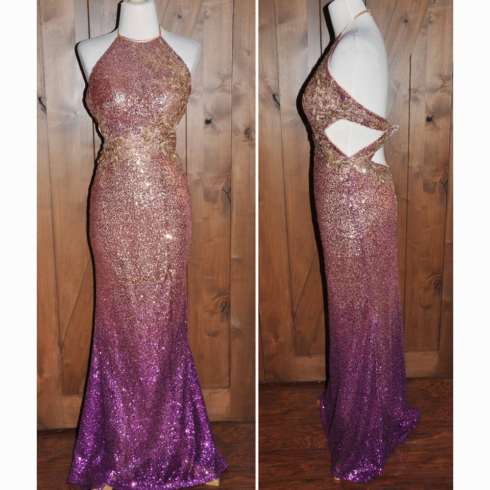 Golden ASP Mini Sequin Covered Gold to Rose Tones Sexy Open Back Evening Gown